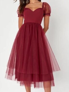 NWT Lulus Brightly Beloved Wine Red Tulle Tiered Puff Sleeve Mini Dress